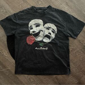 AMIRI Black Graphic Tee with White Theatrical Masks and Red Rose